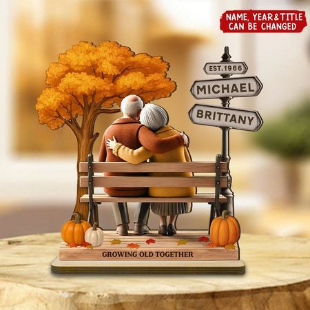 Individuell gestalteter Park für ältere Paare im Herbst – personalisierte Holztafel zum Aufstellen